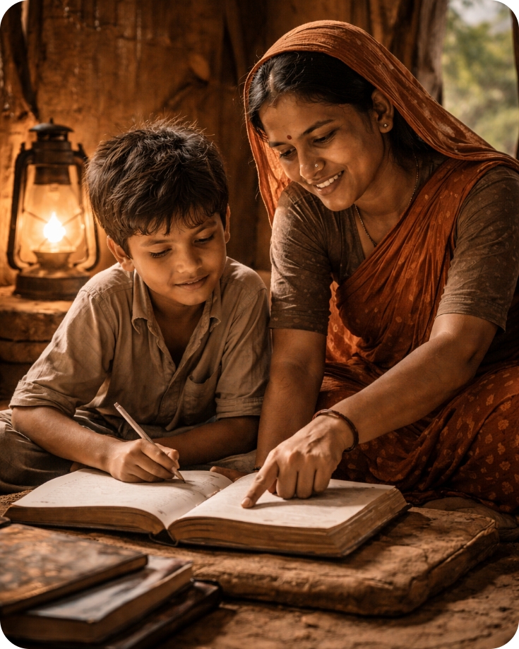 गरीब माँ अपने बच्चे को पढ़ाती हुई